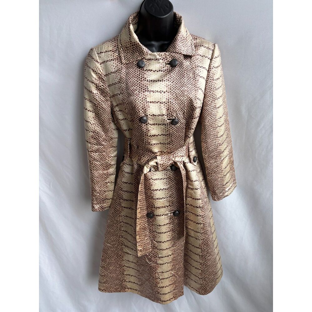 Metallic Snake-Print Double-Breasted Trench Coat - Gold